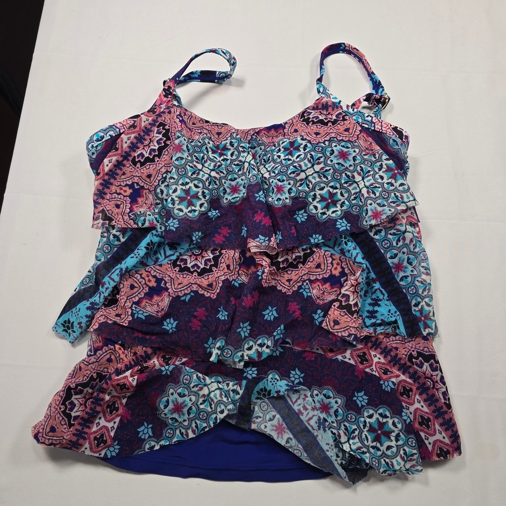 Island Waves boho‎ Womens Small Tiered Ruffle Tankini Swim Top Mandala